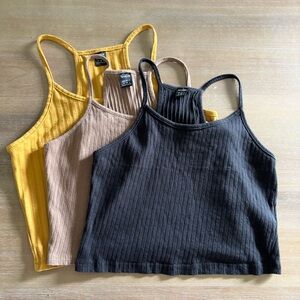 Bundle of 3 Ribbed Cropped Layering Tanks Black, Goldenrod & Mocha, Medium